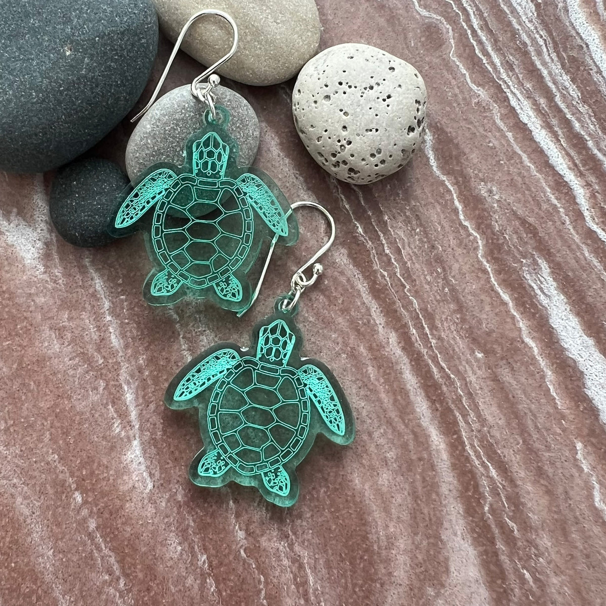 Sea turtle earnings shaped earrings, Large size, lightweight green acrylic, laser cut with sterling silver ear wires.