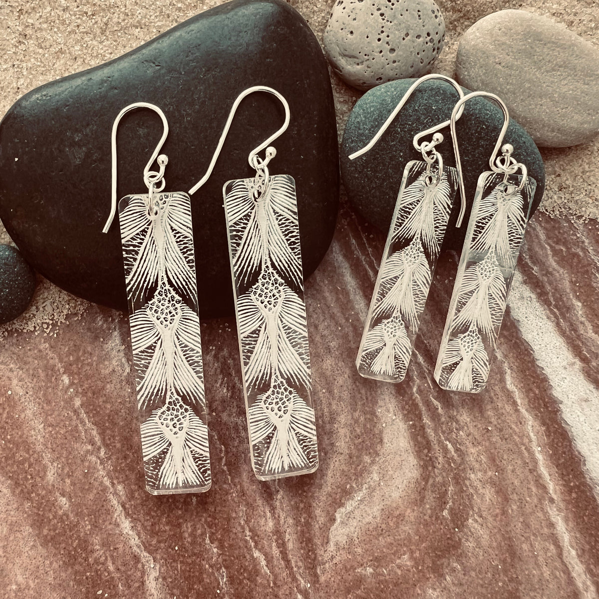 Turtle Patterned earring in long bars - showing small and large size in Clear White.