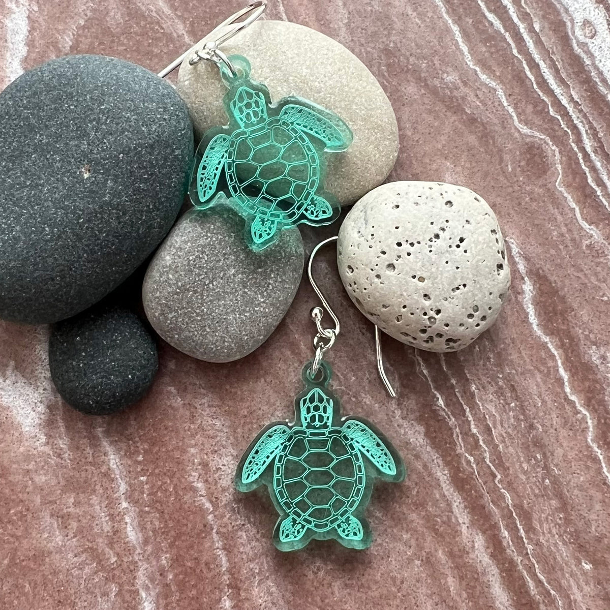 Sea turtle earnings shaped earrings, small size, lightweight green acrylic, laser cut with sterling silver ear wires.