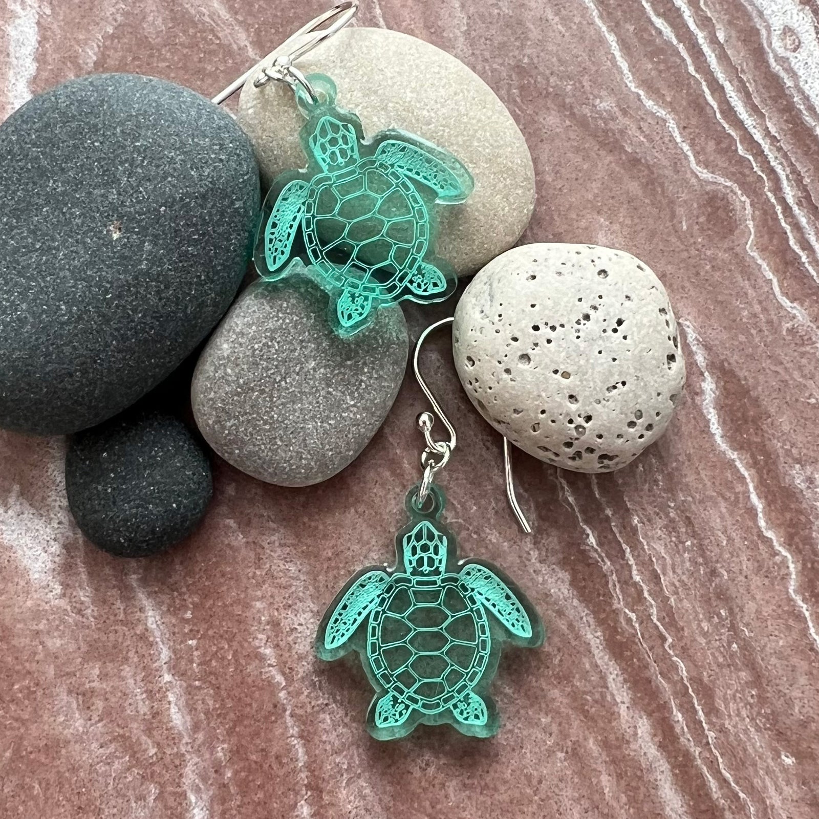Sea turtle earnings shaped earrings, small size, lightweight green acrylic, laser cut with sterling silver ear wires.