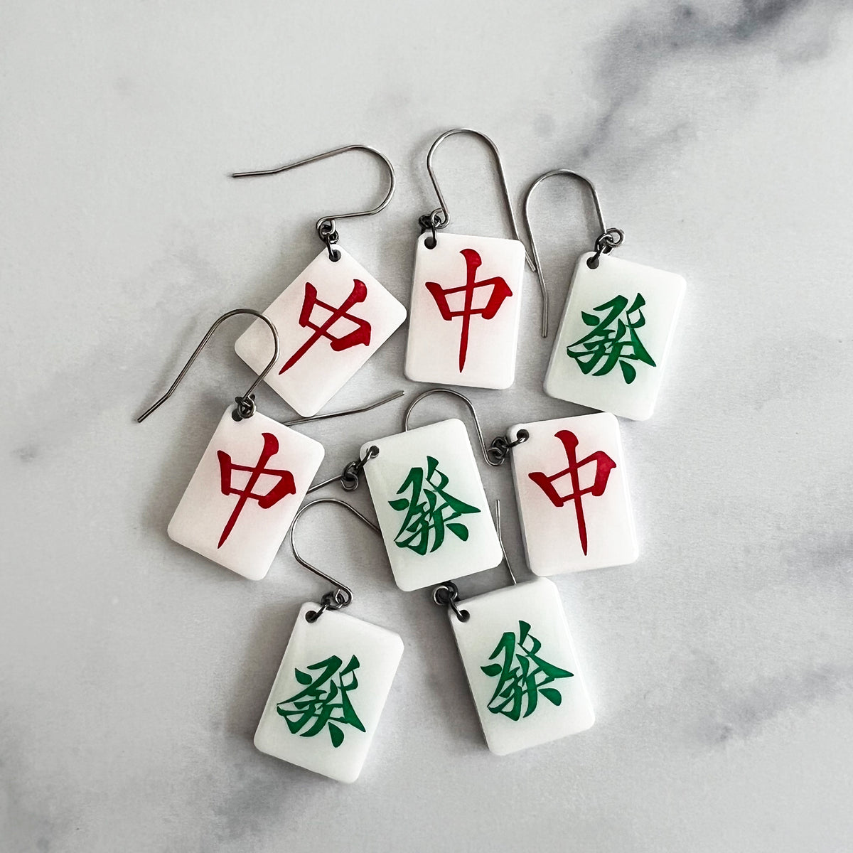 Mahjong Earrings - Red Dragon and Green Dragon - lightweight, hypoallergenic jewelry gift for teachers, gamers, or anyone who loves mahjong