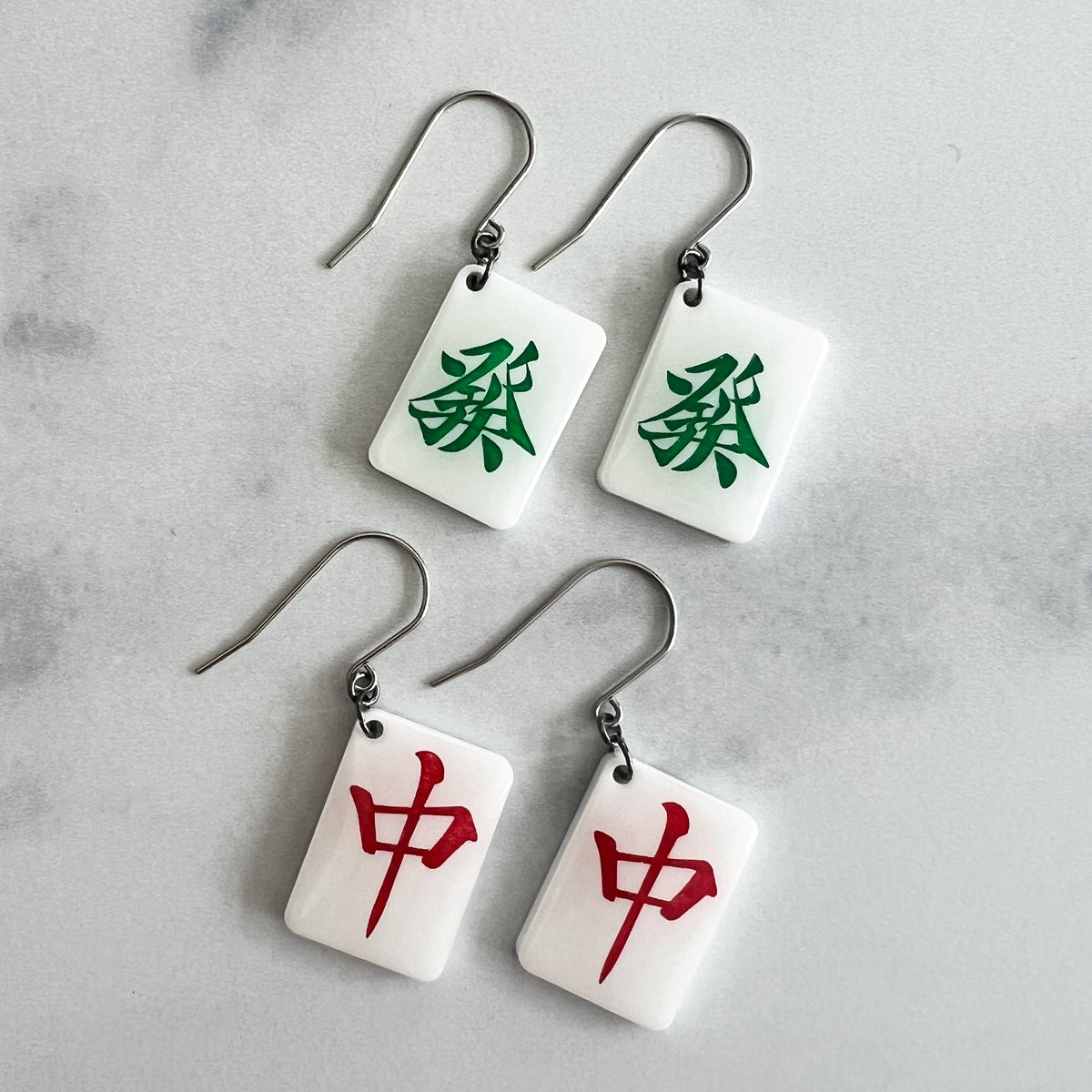 Mahjong Earrings - Red Dragon and Green Dragon - lightweight, hypoallergenic jewelry gift for teachers, gamers, or anyone who loves mahjong